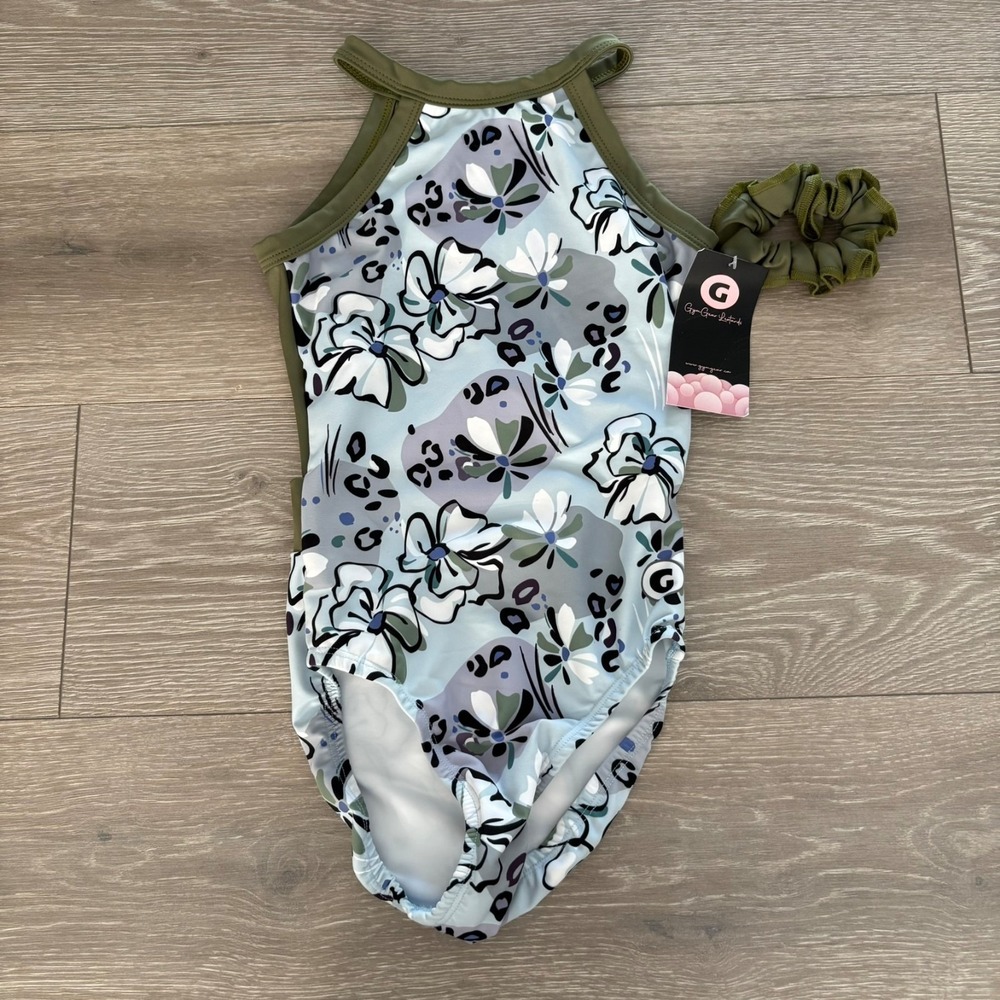 NWT Gym Gear Kids Blue White Floral Gymnastics/Dance Leotards Size Large 12